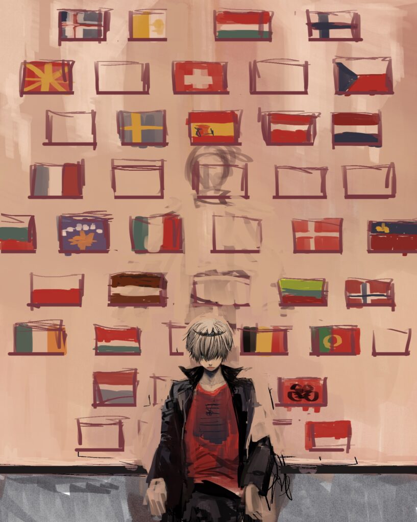 たくさんの国旗が貼ってある壁にもたれる国籍不明のベルフェゴール